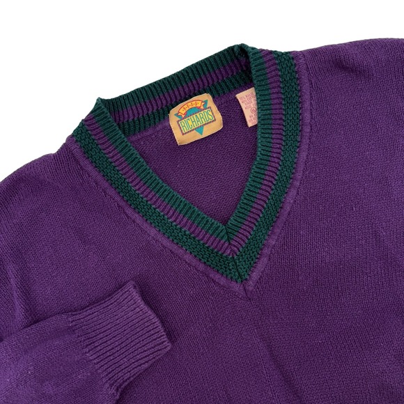 Vintage Brad Richards Purple V-Neck Sweater Mens XL Cotton Blend 90s Striped - Picture 1 of 7